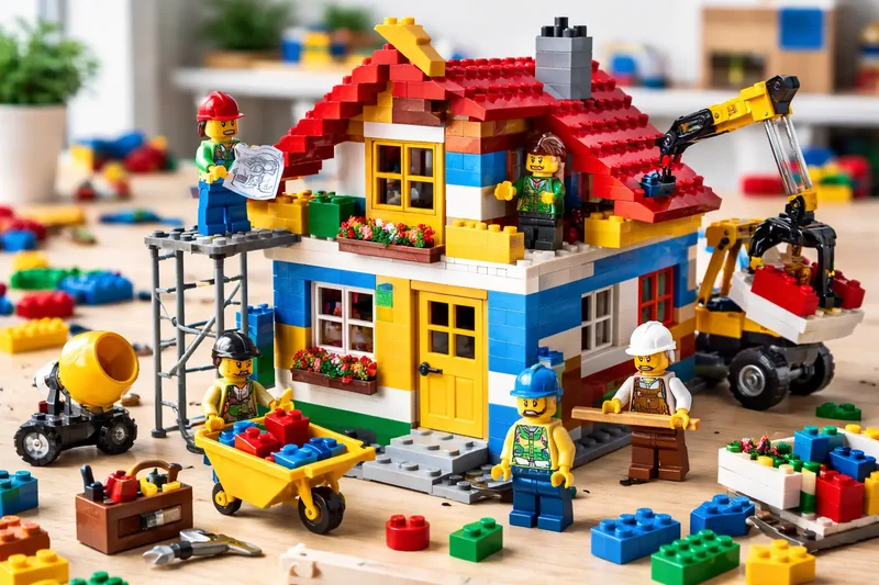 LEGO minifigures building something.