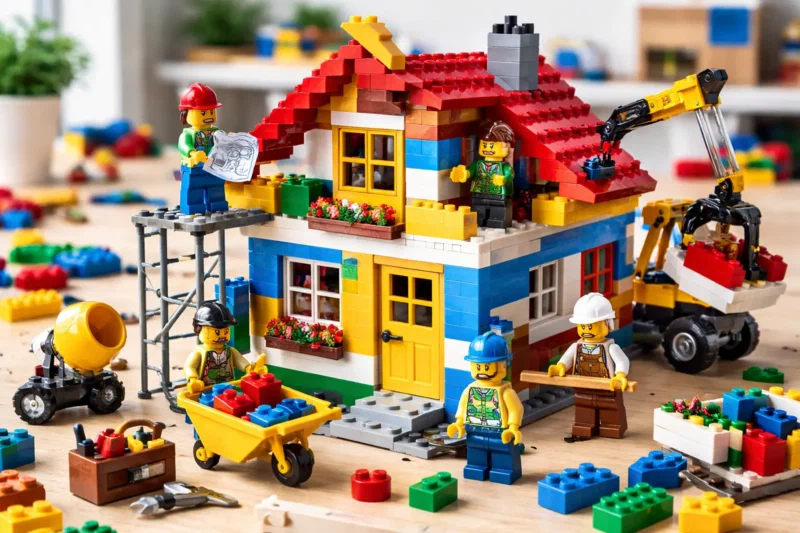 LEGO minifigures building something.