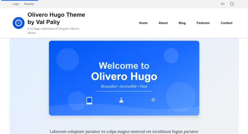 Olivero Hugo Theme Screenshot - showing the responsive layout with navigation menu, content area, and footer.
